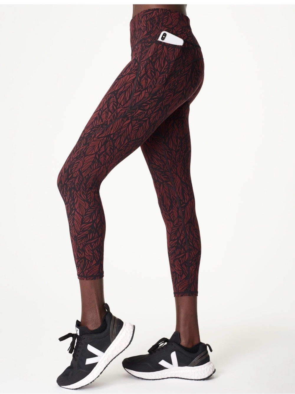 Sweaty Betty Burgundy Leaf-Print High-Waist 7/8 Leggings